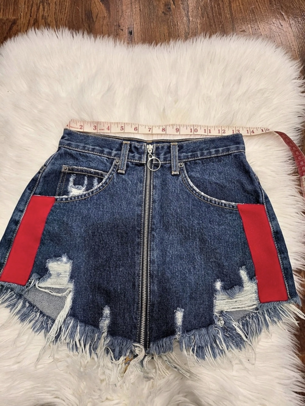 Carmar Light Blue Denim Mini Skirt With Zipper Distressed Color Block Jean